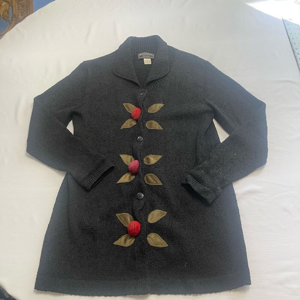 Elegant Black Cardigan with Red and Green Details